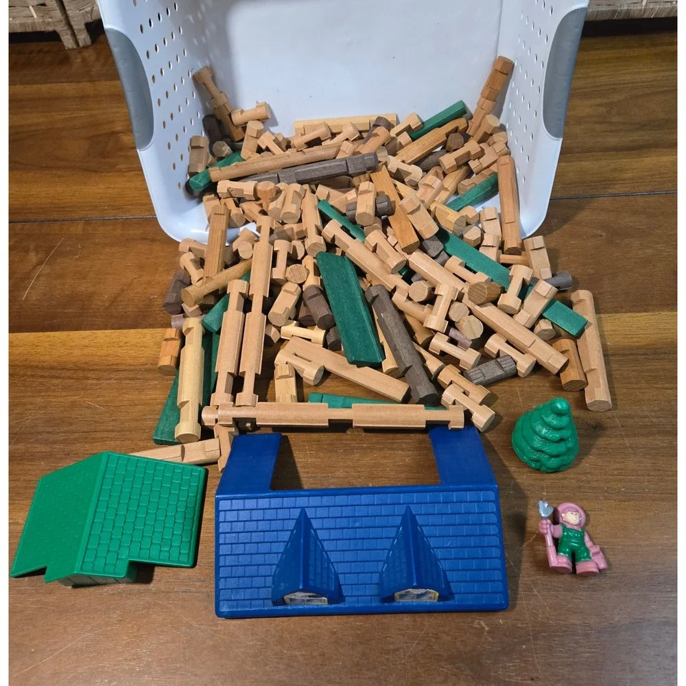 Lincoln Logs Wooden Building Set Large Lot Real Wood Pieces Roofs Figure Tree